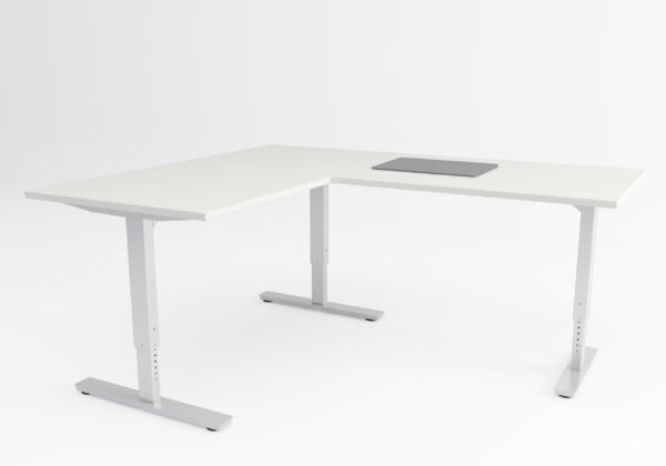 birou ergonomic Viva Fix, reglabil doar la montaj, cu cadru alb si blat alb in forma de L