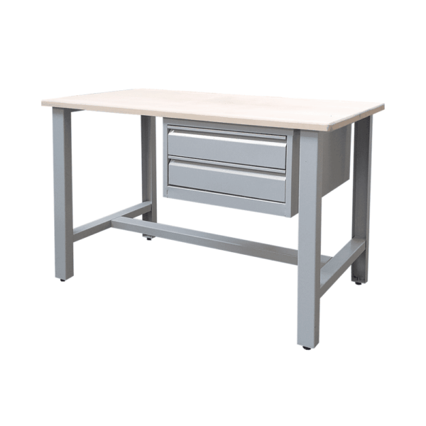 banc de lucru BL03 cu cadru gri și blat, două sertare