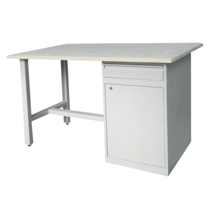 banc de lucru BL05 cu cadru gri și blat, sertar și compartiment de depozitare