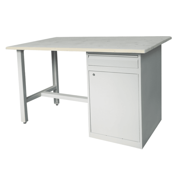 banc de lucru BL05 cu cadru gri și blat, sertar și compartiment de depozitare