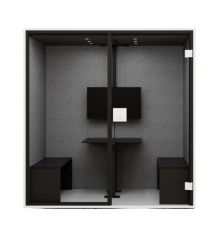 office phone booth de 2-4 persoane, culoare alb, perete inchid, cu bancute si birou fix integrate