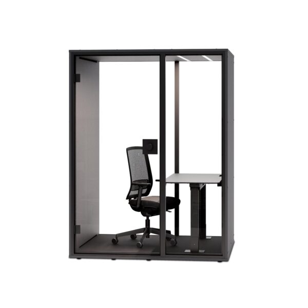 cabina acustica de o persoana, culoare negru, cu perete de sticla si un birou reglabil integrat