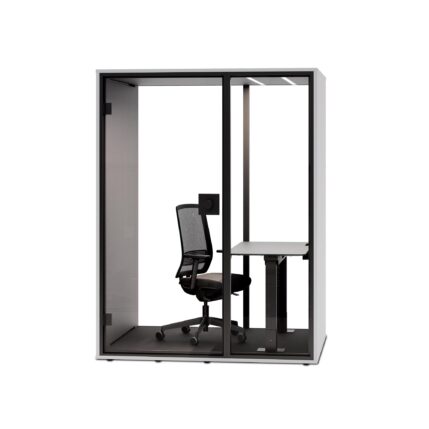 cabina acustica o persoana, cu perete de sticla si un birou reglabil integrat