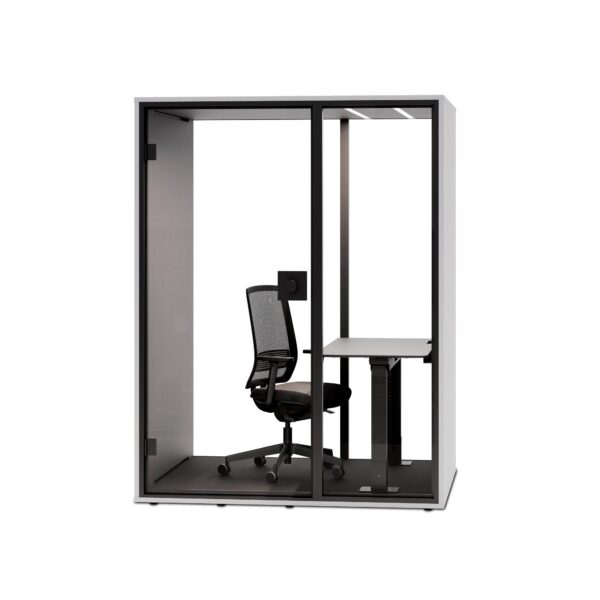 cabina acustica o persoana, cu perete de sticla si un birou reglabil integrat